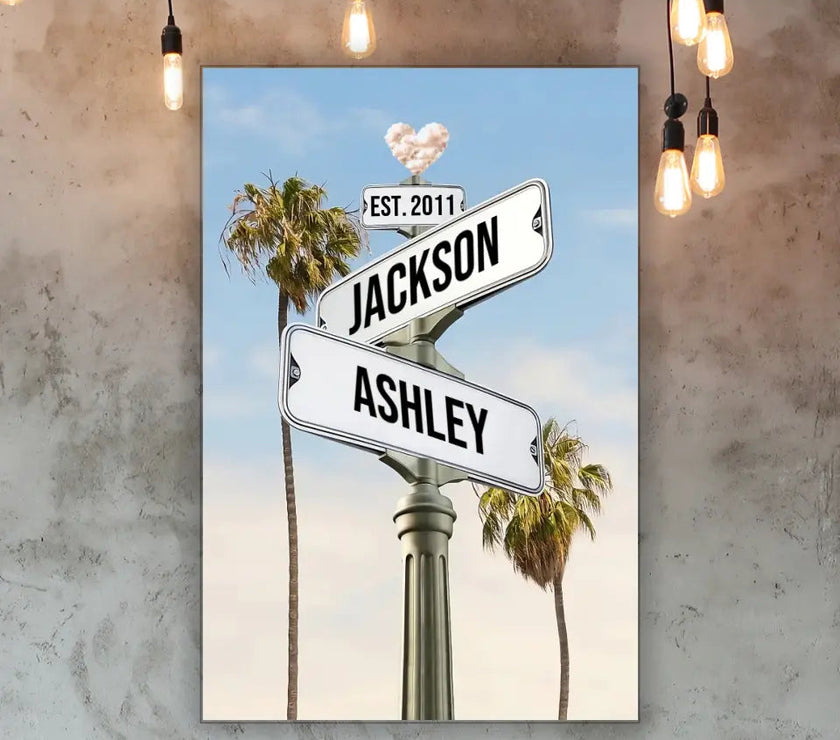Custom Street Sign Palms With Names Canvas For Couples
