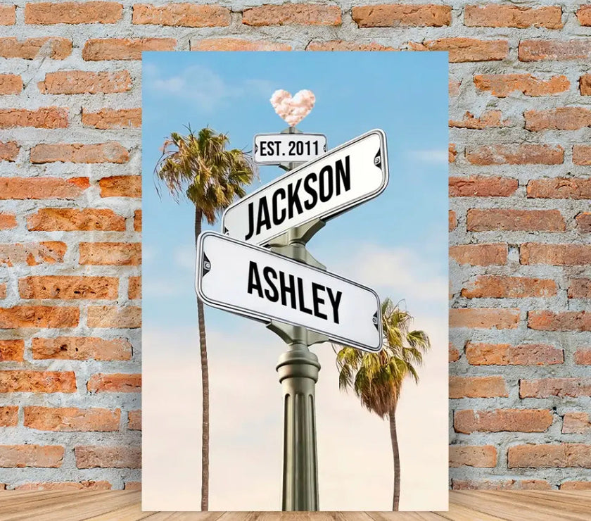 Custom Street Sign Palms With Names Canvas For Couples